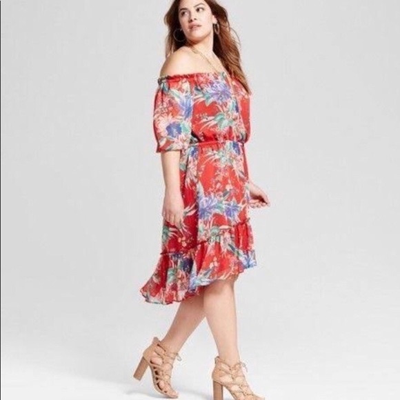 Tropical off the shoulder dress in red - Picture 3 of 8
